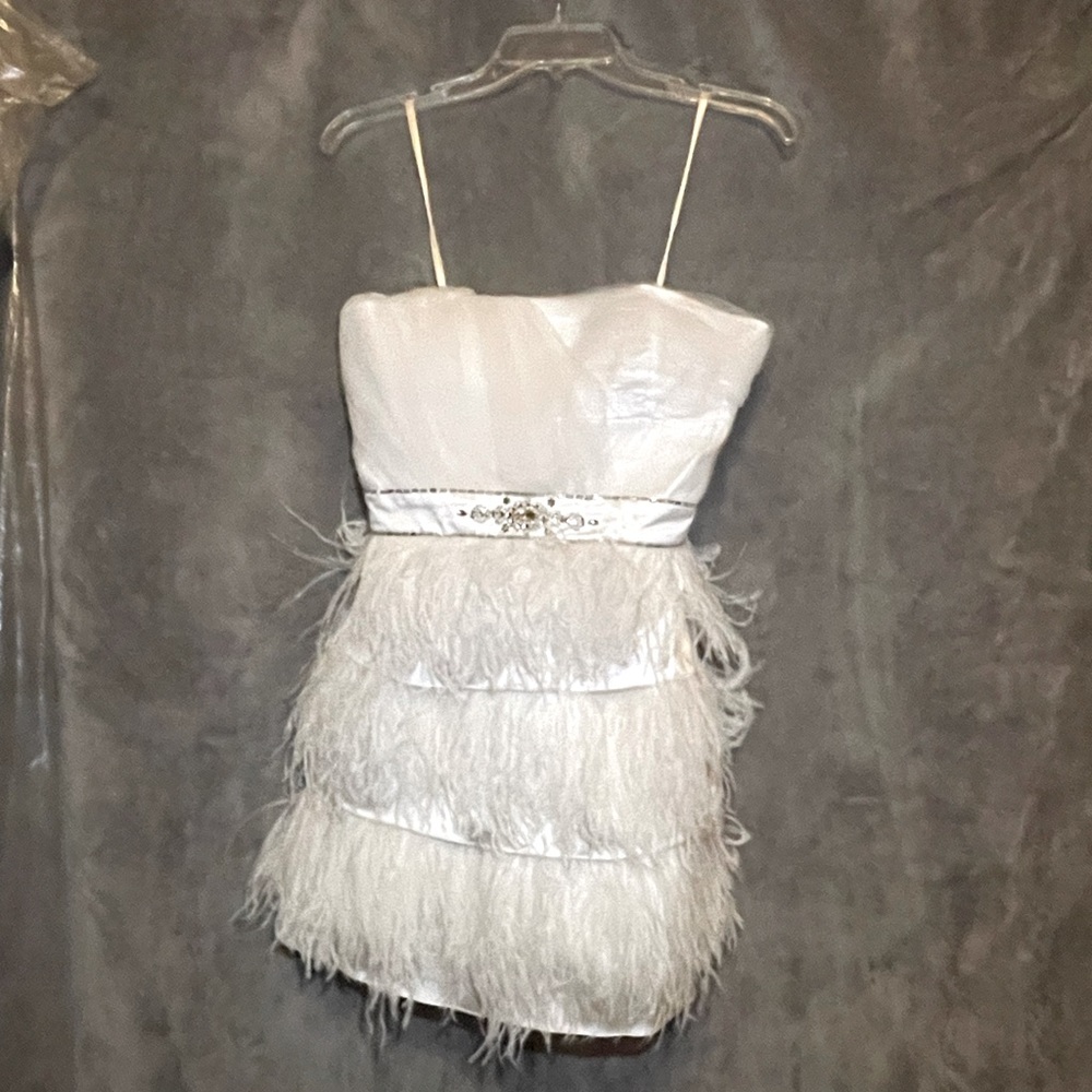 Real Feathers! Sheer over satin bodice jewel waistband, feather3-layer bottom.